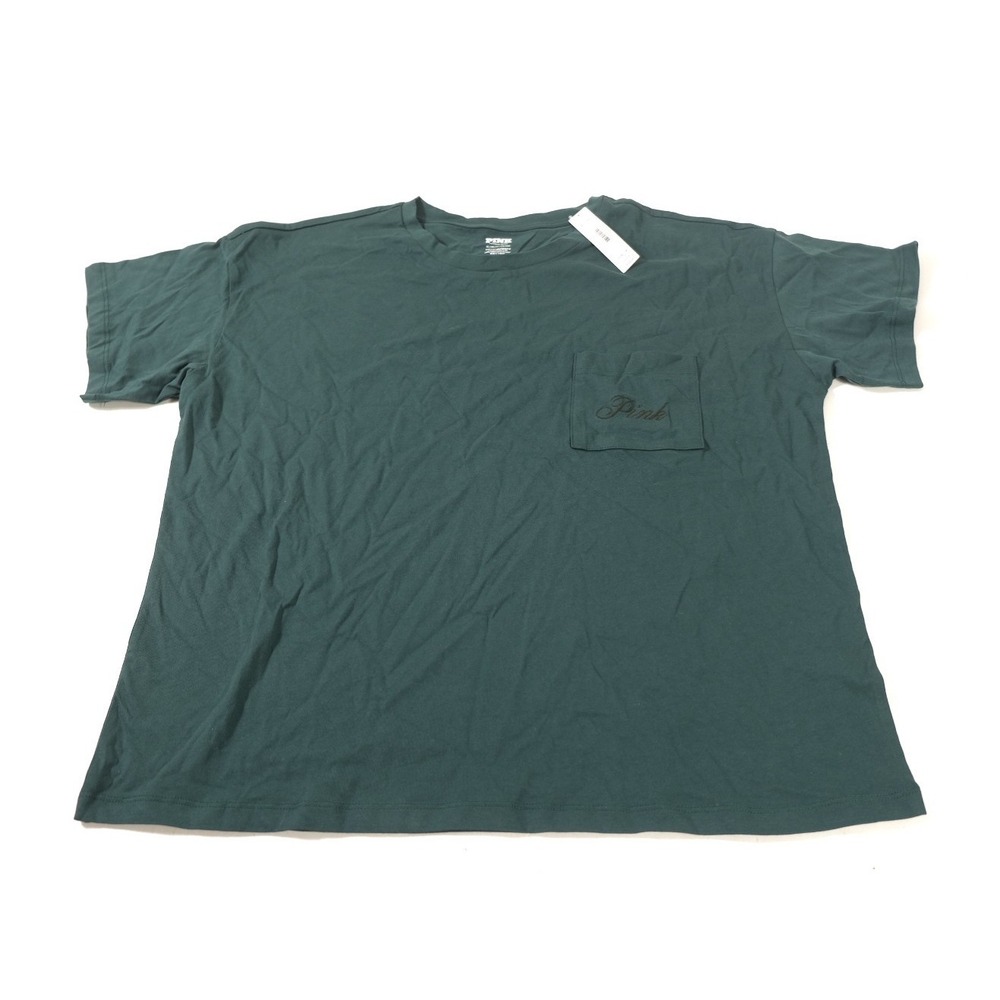 Pink T-Shirt Women XL Green Victoria's Secret Pocket Short Sleeve Cotton Tee